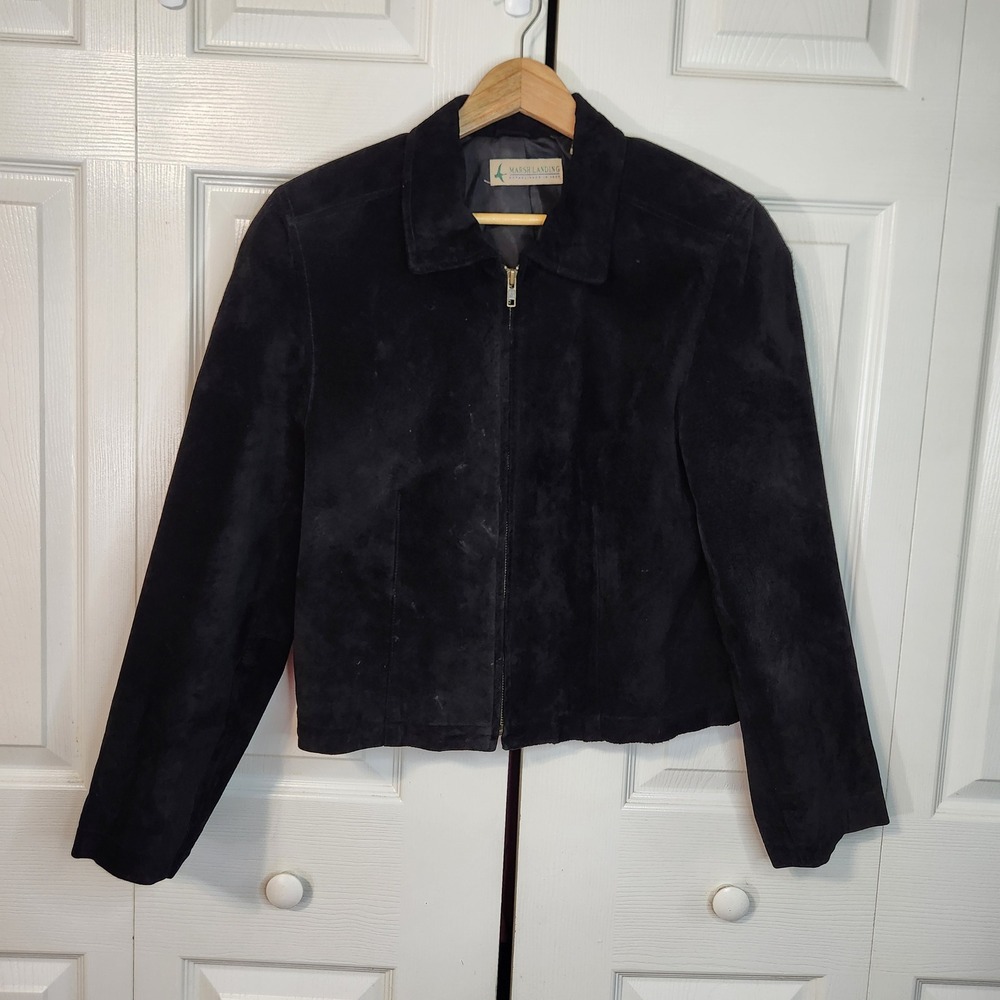 VTG Marsh Landing Womens Black Suede Leather Zip Up Jacket Collared Size M Moto